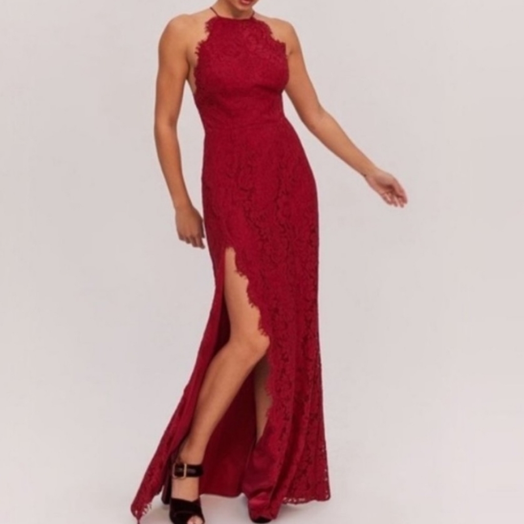 Fame And Partners Dragon Eye Lace Red Maxi Dress With High Slit